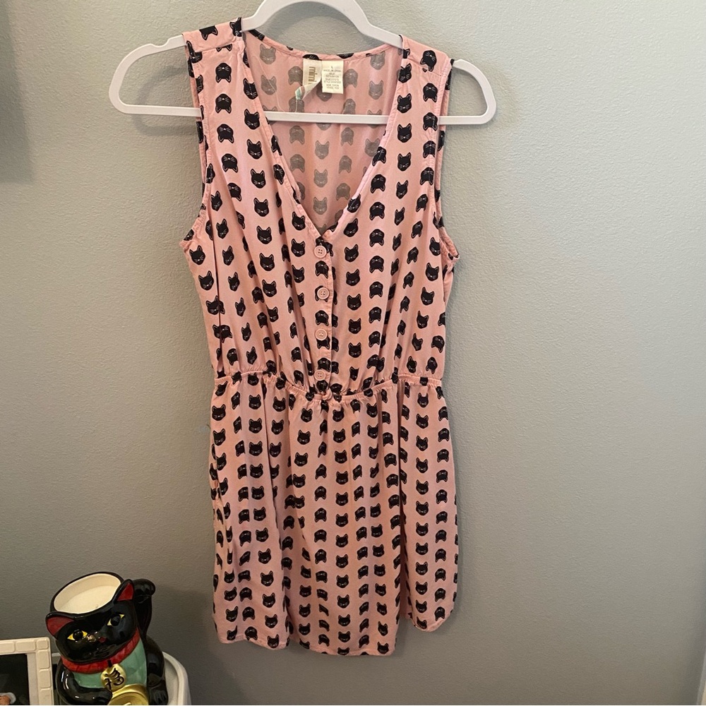 Pink & Black Cat Print Sleeveless Dress with pockets